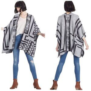 Lucky Brand Intarsia Poncho Neutral Black Gray Cotton Blend One Size